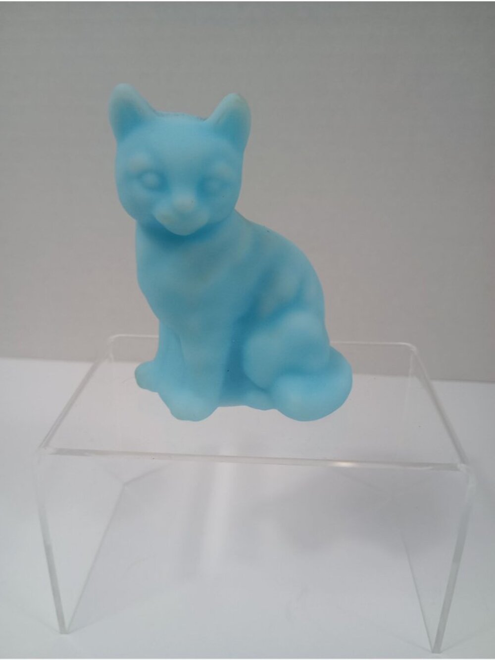 Vintage Fenton Blue Satin  Custard  Art Glass Sitting Cat Figurine